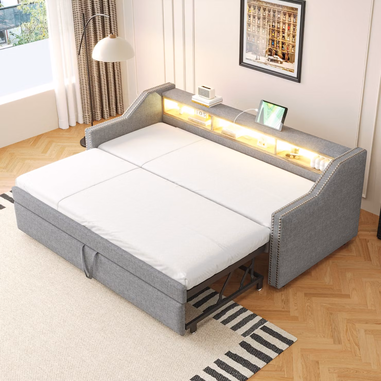 Flieks divano letto imbottito 90x190cm/180x190cm, daybed con sottoletto, divano letto in legno con USB e LED, biancheria funzionale, grigio chiaro