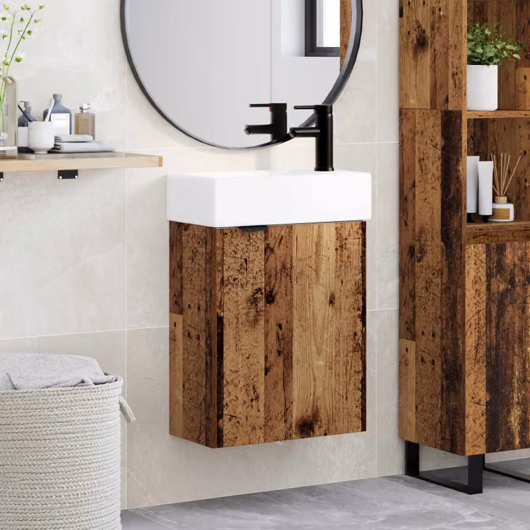 Mobile bagno con rubinetto vidaXL in legno antico, L: 45,5 cm, P: 22,5 cm, H: 84 cm