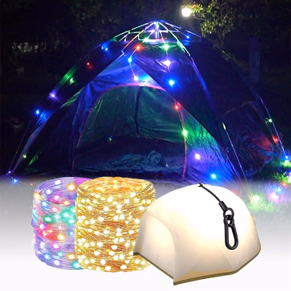 Catena luminosa a LED da campeggio, arrotolabile, lunghezza 15 metri, alimentazione USB, grado di protezione IP44, batteria da 4000 mAh