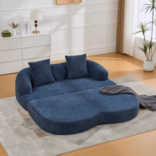 Divano Letto Pieghevole 2 Posti REDOM in Tessuto Chenille Blu Navy L: 157 cm, P: 84 cm, H: 65 cm