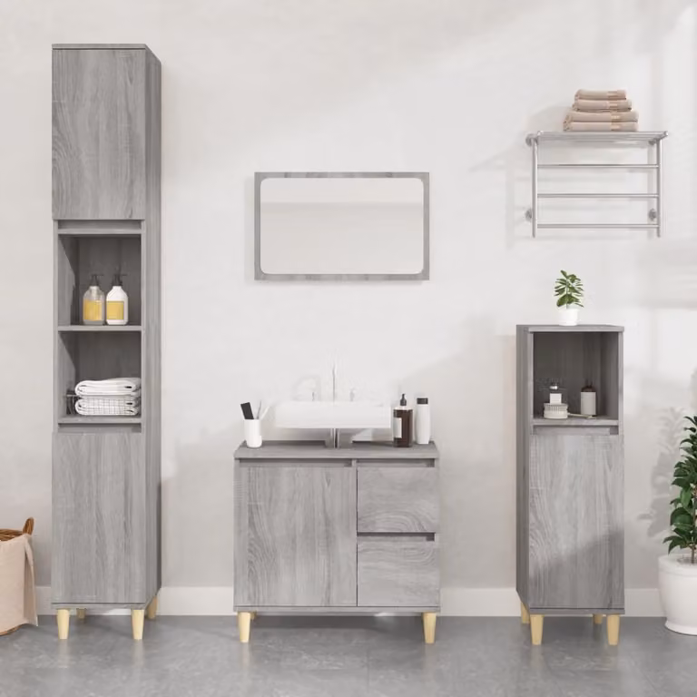 Set Mobili da Bagno Moderno vidaXL in Legno Multistrato Grigio, 3 Pezzi