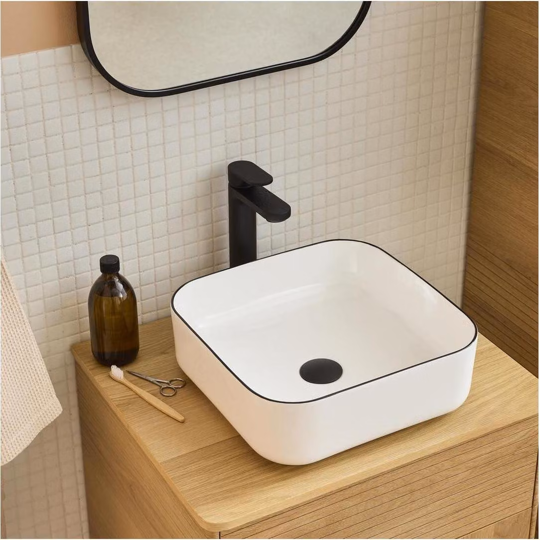 Lavabo da appoggio quadrato ALIX 37cm in Vetroceramica bianca con bordo nero