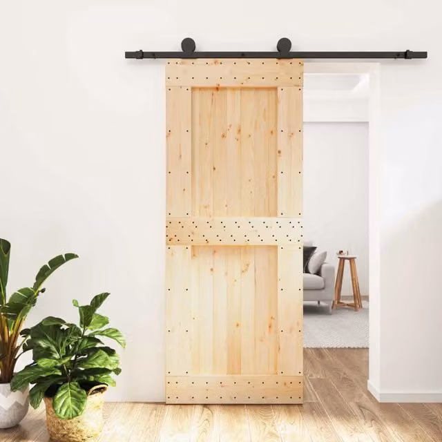 Porta scorrevole minimalist vidaXL in legno e acciaio, colore naturale e nero, L: 85 cm, H: 210 cm