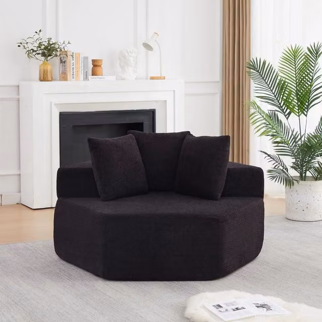 Poltrona lounge modulare esagonale MIVRAY in ciniglia bouclé nera con tre cuscini e fondo antiscivolo per il tuo soggiorno
