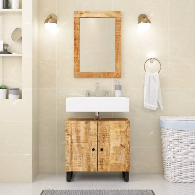 Set Mobili da Bagno vidaXL in Legno di Mango Marrone composto da Mobile Lavabo e Armadietto con Specchio a Parete