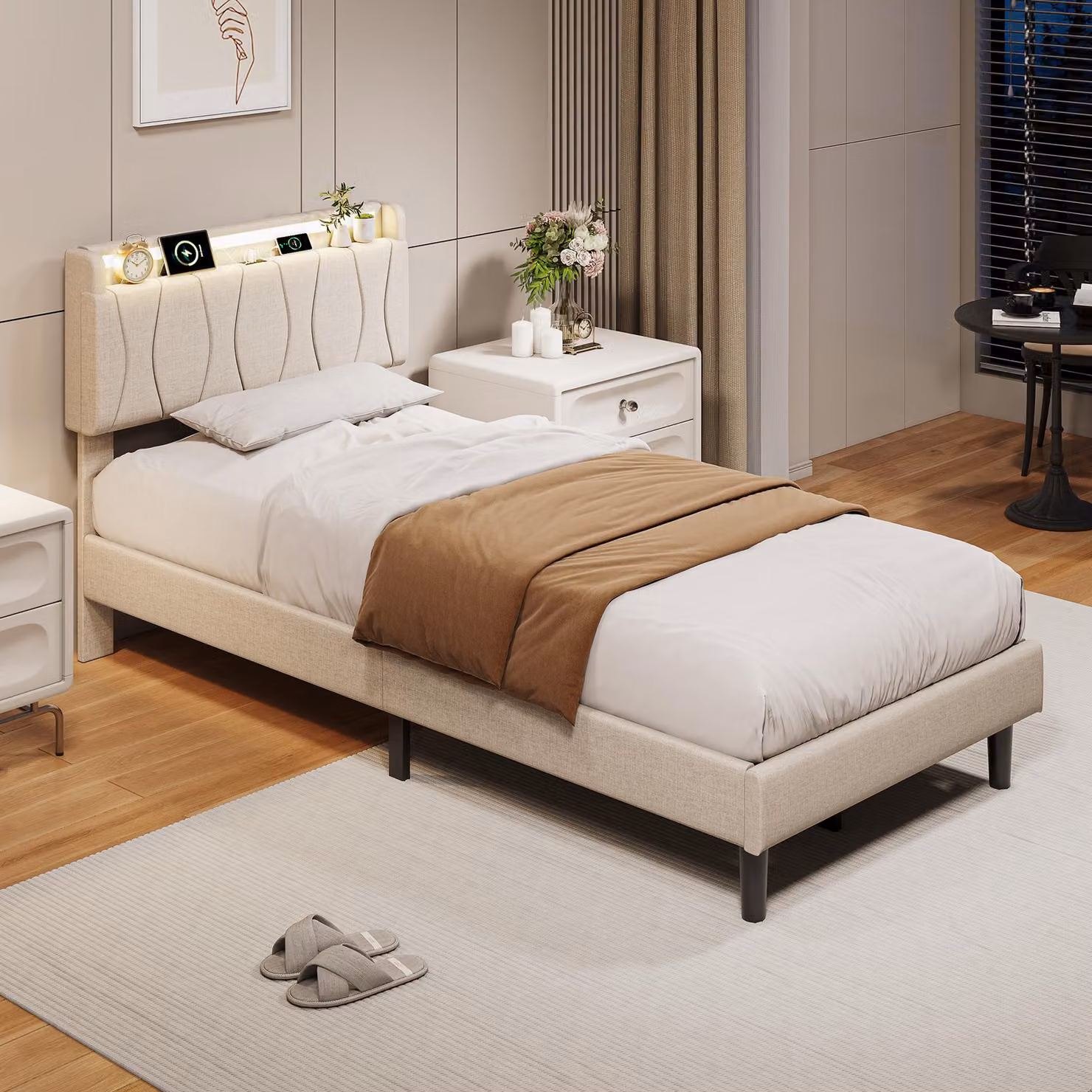 Letto singolo UnboxG, 90x200 cm, con testiera imbottita in lino, illuminazione LED, prese USB e Type-C, spazio contenitivo e rete a doghe