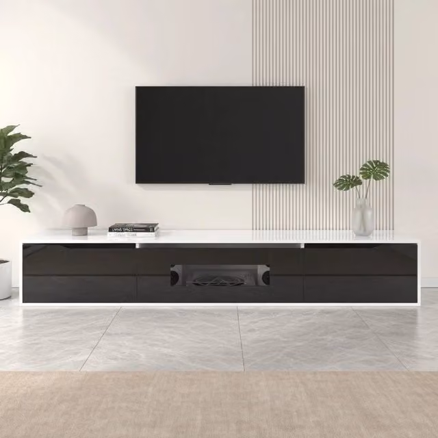 Cassettiera per TV KOMHTOM bianca in stile minimalista con finitura lucida, L: 180 cm, P: 35 cm, H: 30 cm