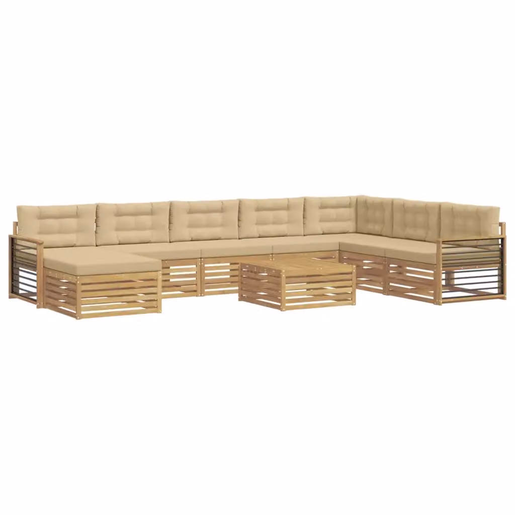 Set di divani da esterno a L vidaXL in legno di acacia con cuscini, tavolino e pouf, Bianco e Beige – 2