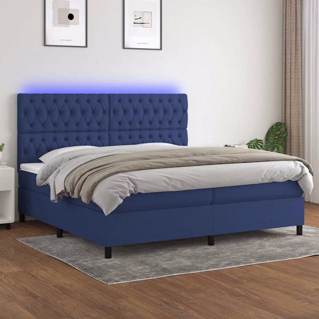 Letto a molle con materasso vidaXL in tessuto blu e bianco con illuminazione LED e porta USB L/P: 200 x 200 cm – 1