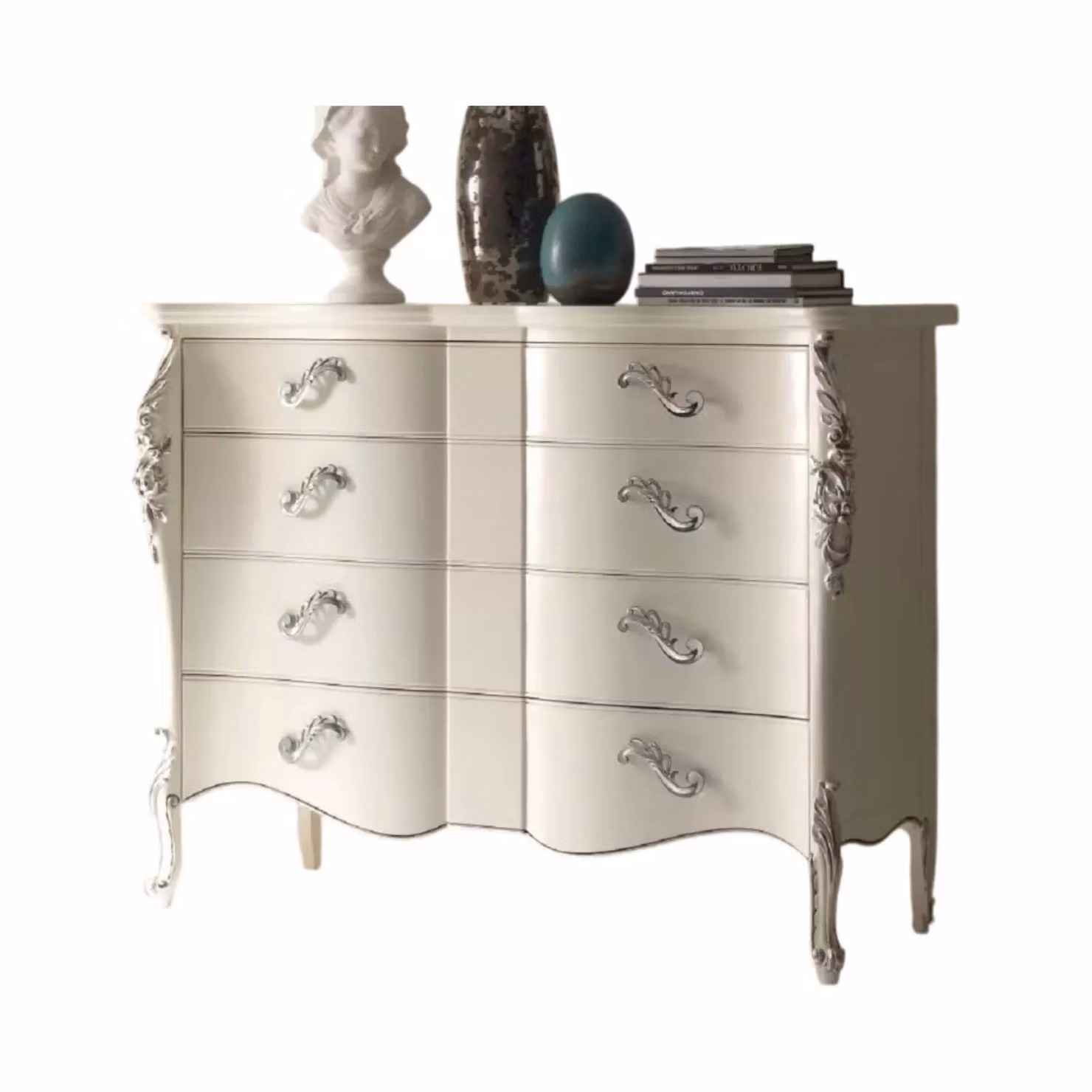 Cassettiera sagomata con 4 cassetti in legno bianco argento Mobili 2G L: 137 cm, P: 57 cm, H: 110 cm – 1