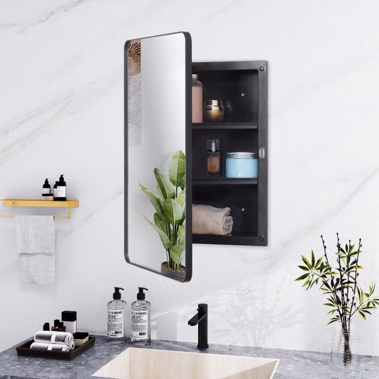 Armadietto medico, porta a specchio, struttura in metallo, colore nero, dimensioni 40,6 x 61,2 cm