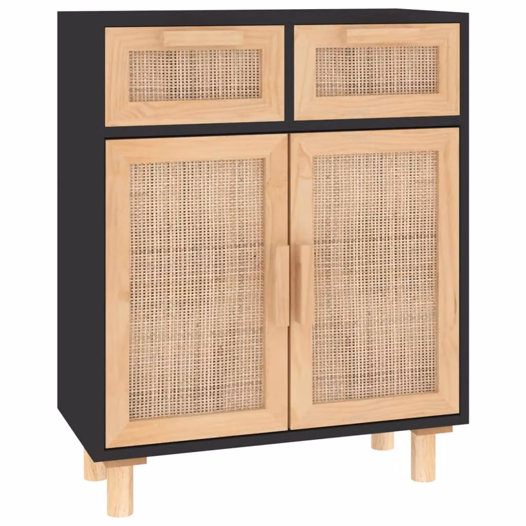 Credenza Nera 60x30x75 cm Legno Massello Pino e Rattan Naturale