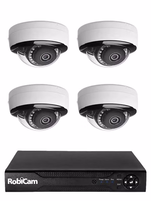 NVR, RobiCam, 4 telecamere dome, 5MP, alta risoluzione, videosorveglianza, kit telecamere, sistema NVR, telecamere IP, sicurezza casa e azienda