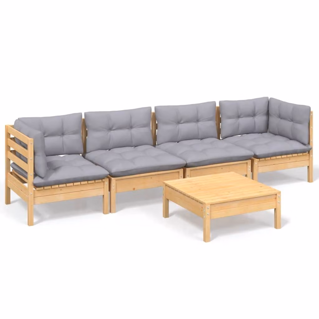 Set Divani da Giardino 5 pz con Cuscini Grigi Massello di Pino
