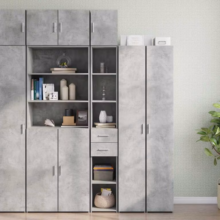 Mobile Sottile vidaXL Grigio Cemento con Ante e Cassetti in MDF, L/P/H: 30 x 42,5 x 225 cm