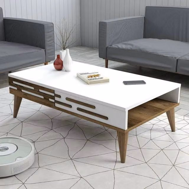 Tavolino da salotto Mansuk DMORA, tavolo basso rettangolare con portariviste, L: 105 cm, P: 35 cm, H: 60 cm, Noce e Bianco