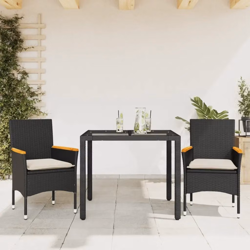 Set da Pranzo da Giardino 3 Pezzi in Polyrattan con Tavolo in Legno di Acacia e Vetro Bianco e Nero – 2