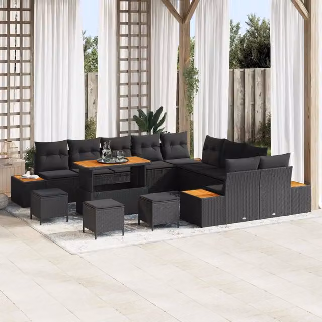 Set Divano da Giardino vidaXL in Polyrattan Nero con Cuscini e Tavolino da 14 Pezzi – 1