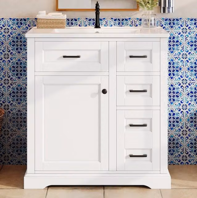 Mobile da Bagno in MDF Bianco con Lavabo in Ceramica Integrato 76x47x82 cm, Ante con Chiusura Soft-Close e Cassetti Laterali Estraibili