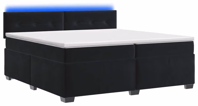 Letto contenitore con rete e materasso, illuminazione LED, colore nero, dimensioni 200 x 200 cm, rivestito in velluto