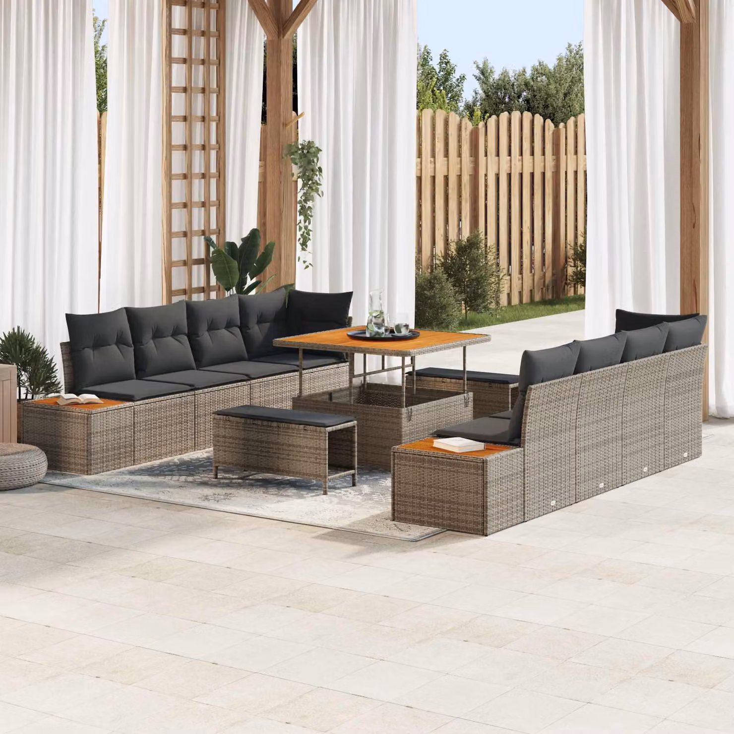 Set Divano da Giardino vidaXL 11 Pezzi Grigio con Cuscini e Tavolino da Esterno a Forma di U – 1