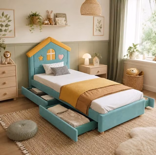 Letto per bambini Beaok a forma di casa in velluto turchese con 4 cassetti L/P/H: 200 x 90 x 112,5 cm