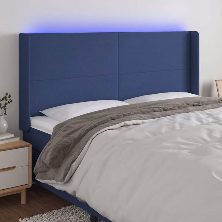 Testiera con LED e porta USB vidaXL in tessuto blu, L 203 cm x P 16 cm x H 118 cm