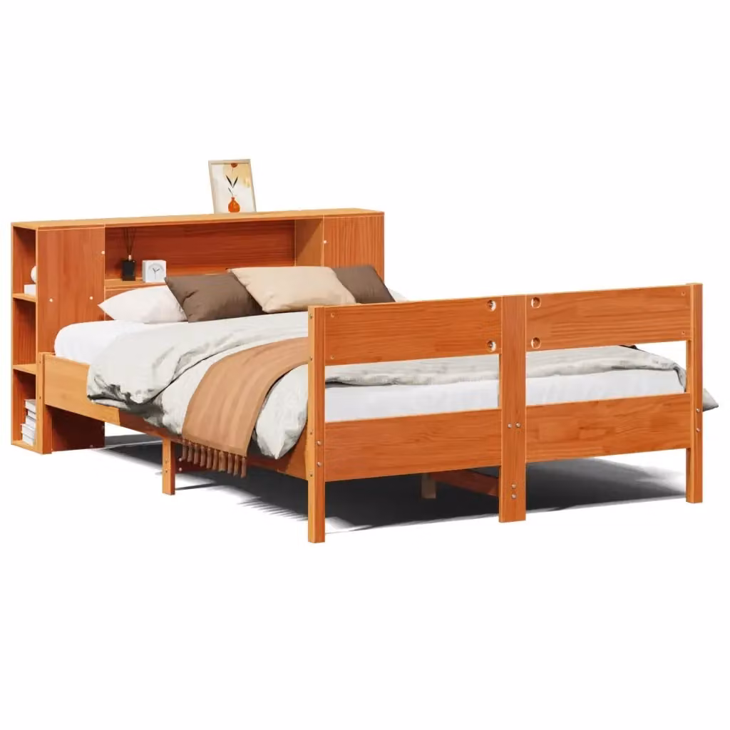 Letto Libreria vidaXL in Legno di Pino Massiccio Marrone Cera con Ripiani Laterali L/P/H: 229.5 x 146.0 x 82.0 cm – 2