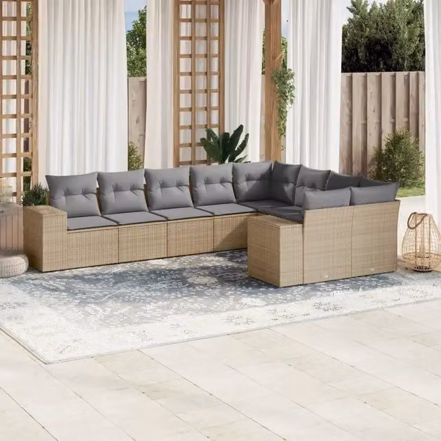 Set Divano da Giardino a L VIDAXL in Polyrattan Beige con Cuscini, 9 Pezzi – 1
