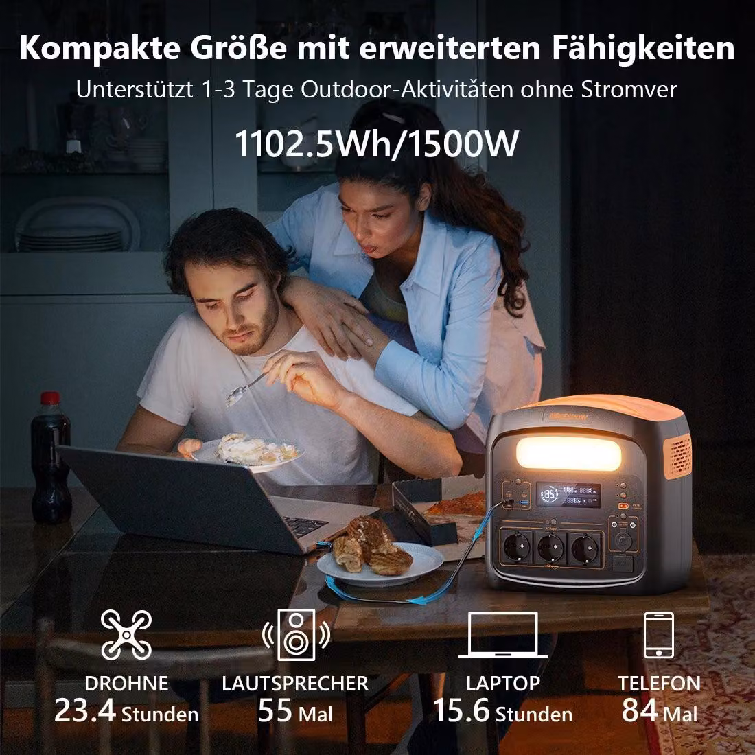 Centralina portatile da 1100Wh con inverter a onda sinusoidale pura da 1200W e funzione di ricarica rapida