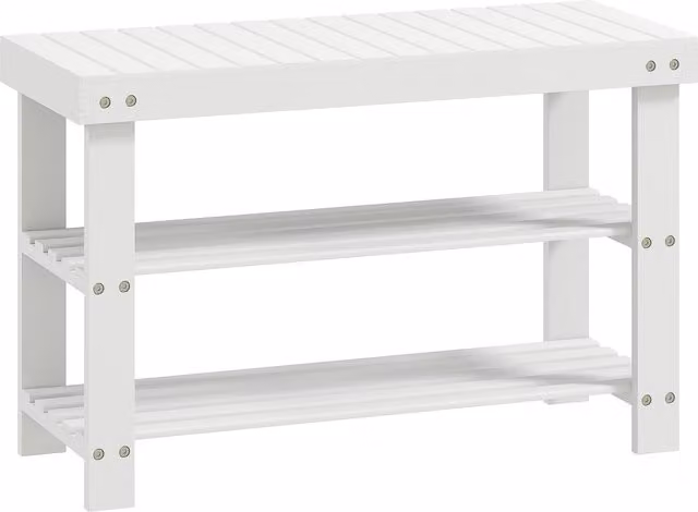 Panca Scarpiera Bassa HOMCOM in Bambù con 2 Ripiani a Doghe e Seduta, Colore Bianco, L: 70 cm, P: 28 cm, H: 45 cm
