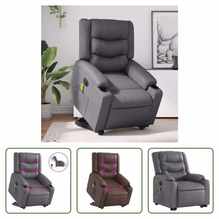 The Living Store Sedia massaggiante con supporto in piedi elettrica in ecopelle grigia