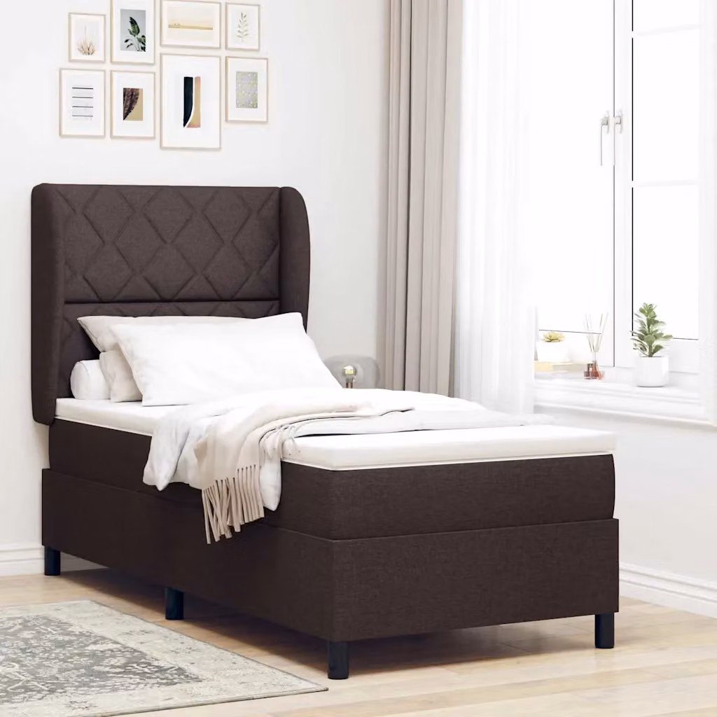 Letto a molle con testiera vidaXL in tessuto marrone scuro, L/P/H: 90 x 190 cm