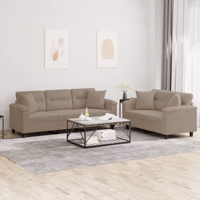 Set di 2 divani vidaXL in tessuto microfibra con cuscini, colore beige/grigio