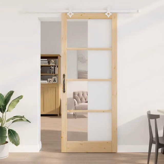 Porta scorrevole moderna vidaXL in legno di pino marrone e vetro trasparente H: 232 cm, L: 93 cm