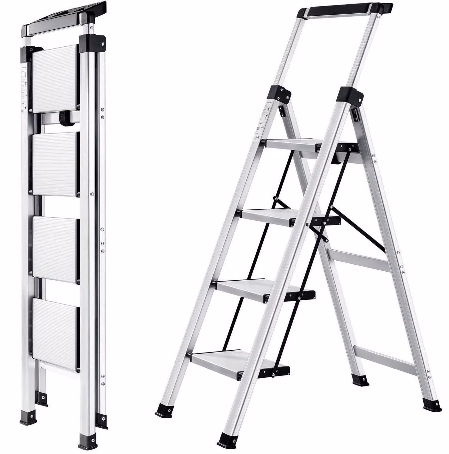 Scala a treppini pieghevole con 4 gradini, dotata di corrimano estensibile, in alluminio argentato, portata massima 150 kg