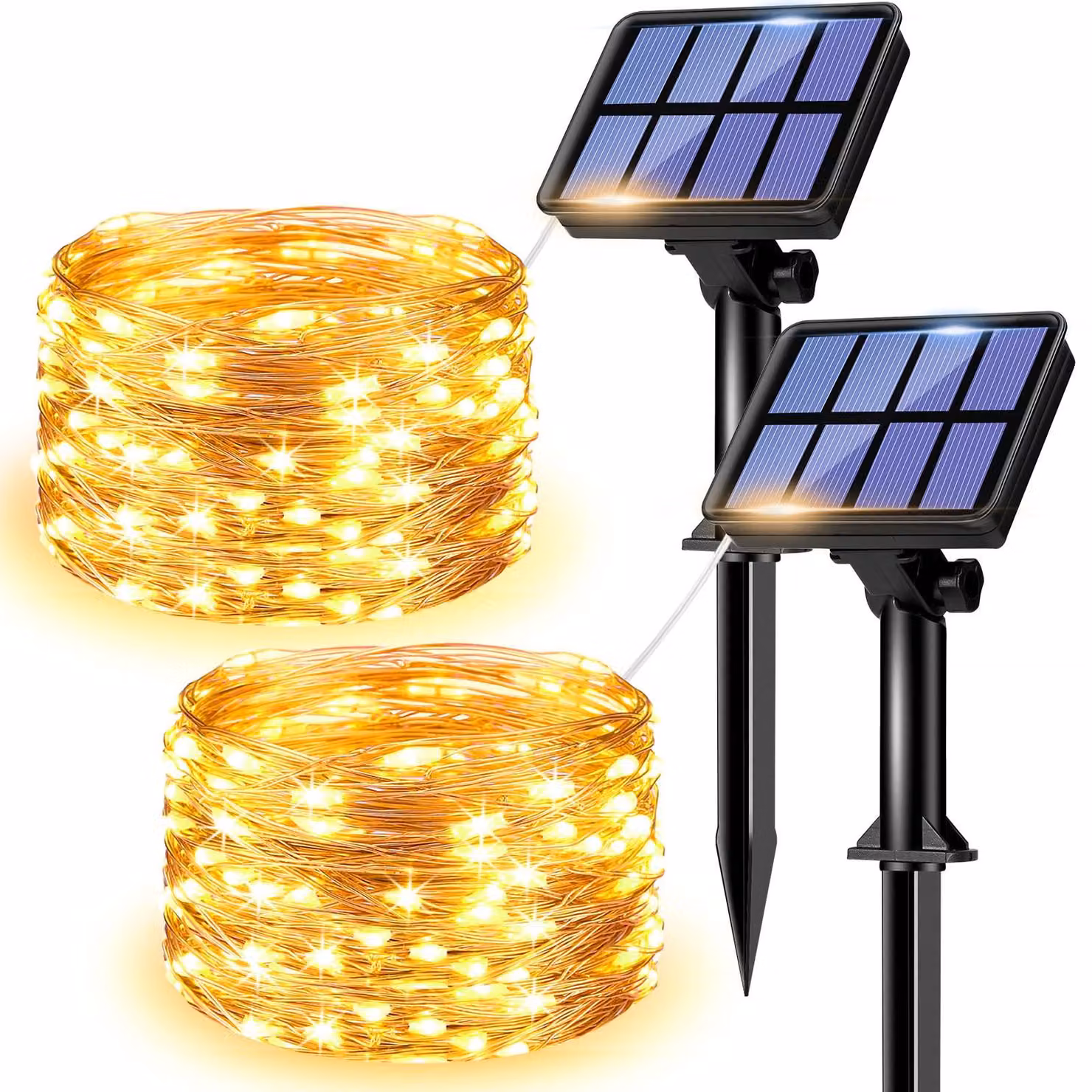 Catena luminosa solare, 15 metri, 150 LED, luce calda, confezione da 2 pezzi