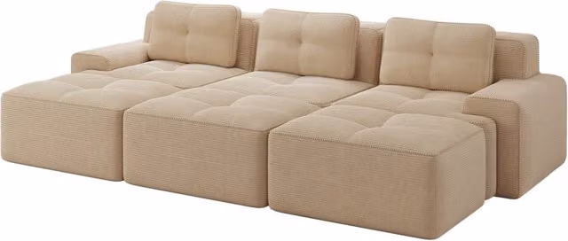 Divano modulare ad angolo 3 posti in tessuto camoscio beige con funzione letto e 3 pouf