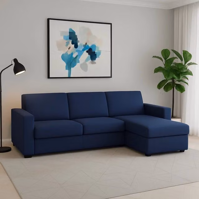 Divano ad angolo Atos TALAMO ITALIA con penisola contenitore reversibile e funzione letto, rivestimento in tessuto blu, L: 280 cm, P: 95 cm, H: 90 cm – 1