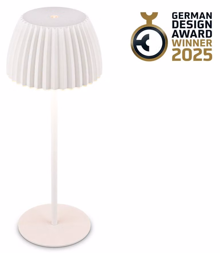 Briloner RIFFLE Lampada da tavolo LED senza fili IP44, dimmerabile, touch, batteria ricaricabile, vincitrice del German Design Award 2025, bianca, Ø14,5 x 36,5 cm