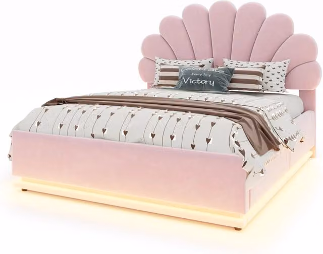 Letto contenitore matrimoniale Chicfurn in velluto rosa con testiera imbottita, illuminazione LED sottostante e rete sollevabile, L/P/H: 140 x 200 x 112,5 cm