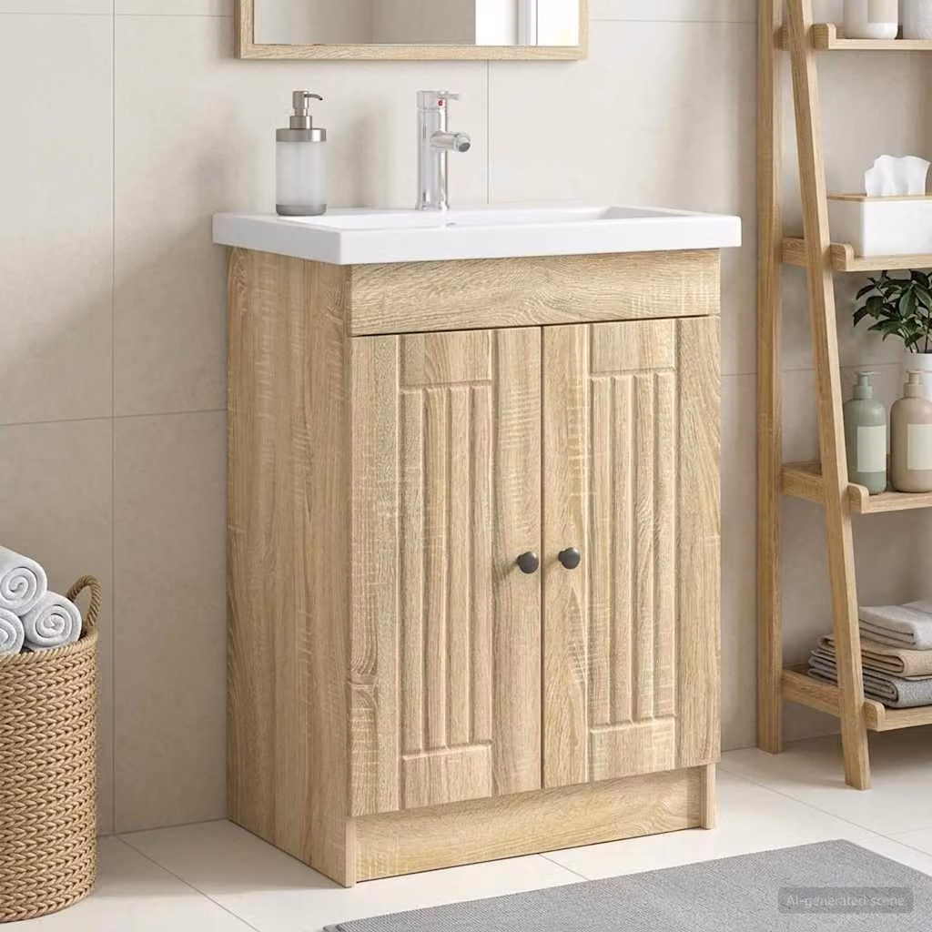 Mobiletto da bagno sotto il lavello vidaXL moderno in Rovere Sonoma marrone con ripiani interni L: 81,0 cm, P: 37,5 cm, H: 78,5 cm