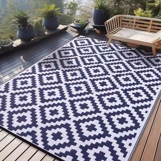 Tappeto da esterno in plastica resistente ai raggi UV, pieghevole, lavabile, tappeto da balcone, 270 x 360 cm, blu navy e bianco