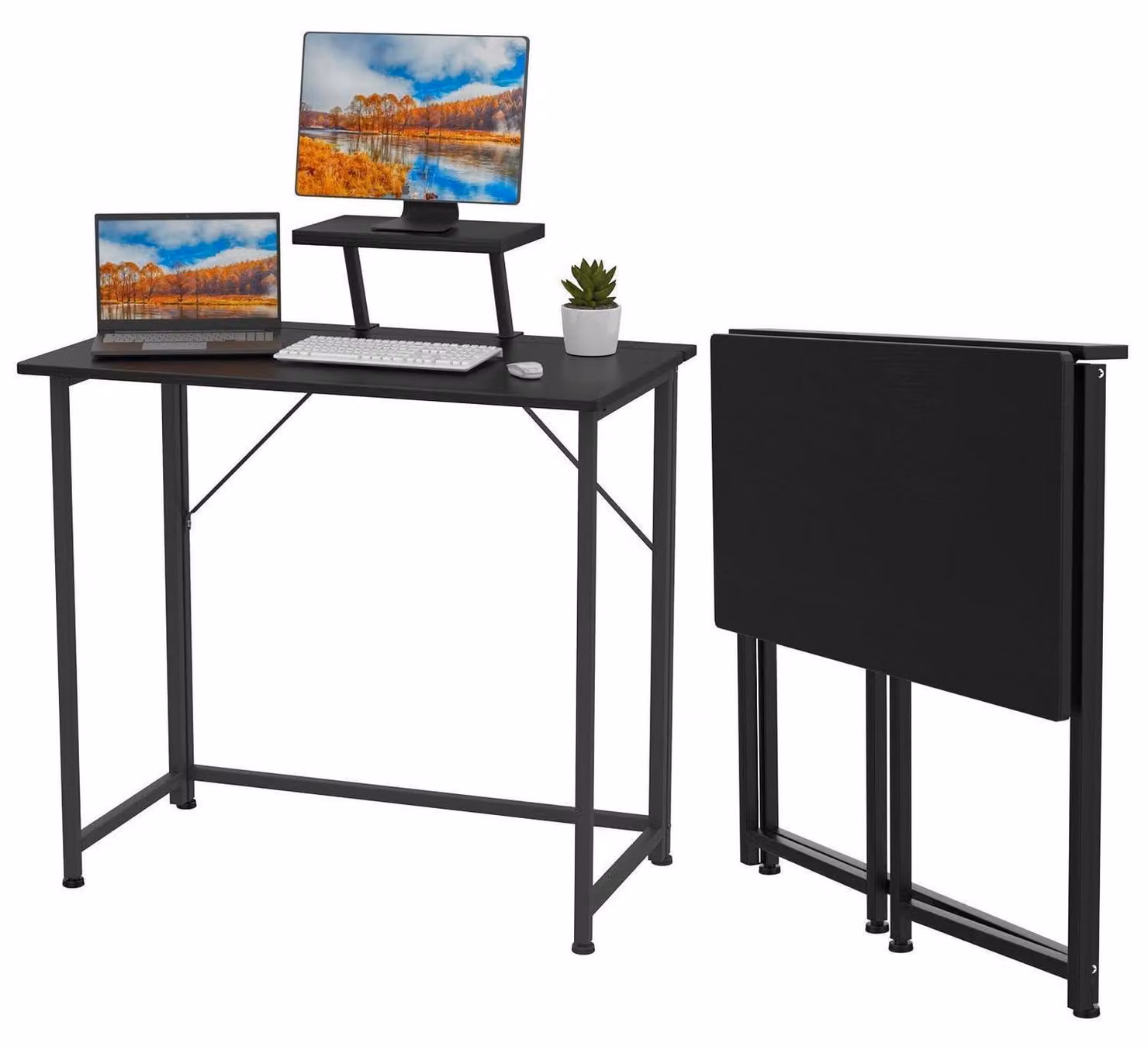 Scrivania pieghevole per computer con supporto per monitor, colore nero, dimensioni 80x45x75 cm
