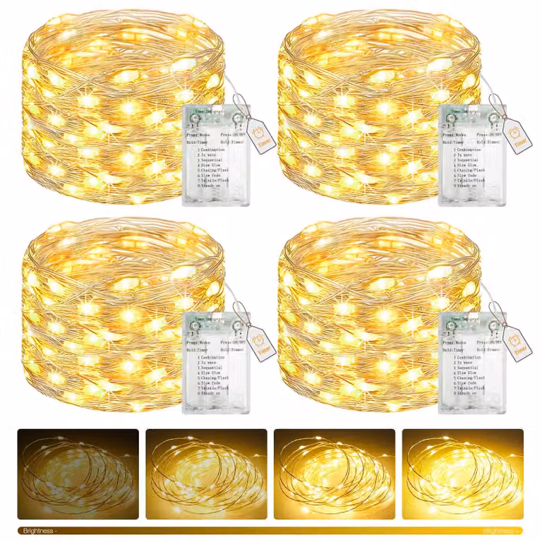 Catena luminosa con 50 LED, lunghezza 5 metri, alimentazione a batteria, timer integrato, confezione da 4 pezzi, luce calda e dimmerabile