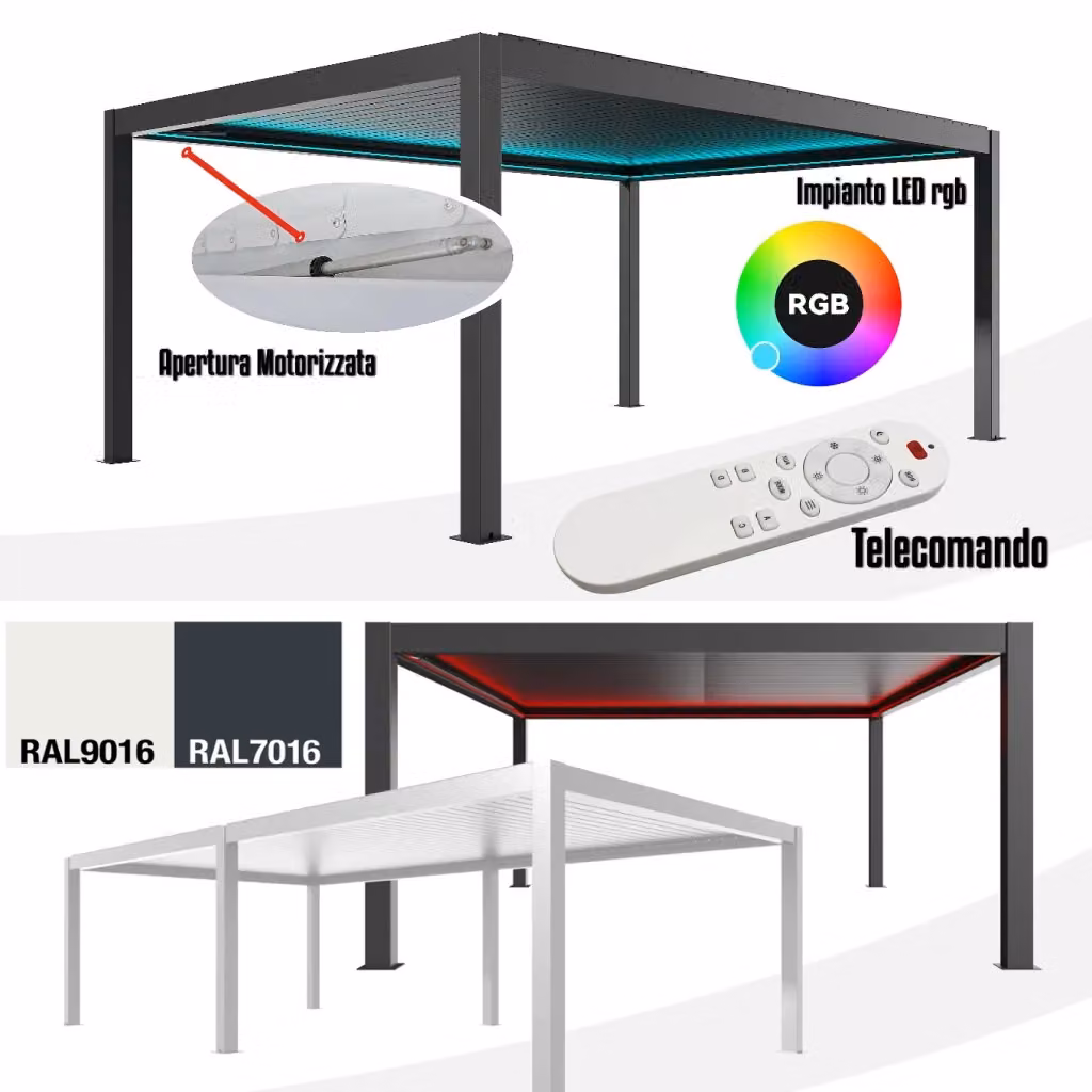 Pergola bioclimatica moderna con lamelle motorizzate e impianto LED RGB in alluminio e WPC, colore bianco, L: 4 m, P: 3 m – 2
