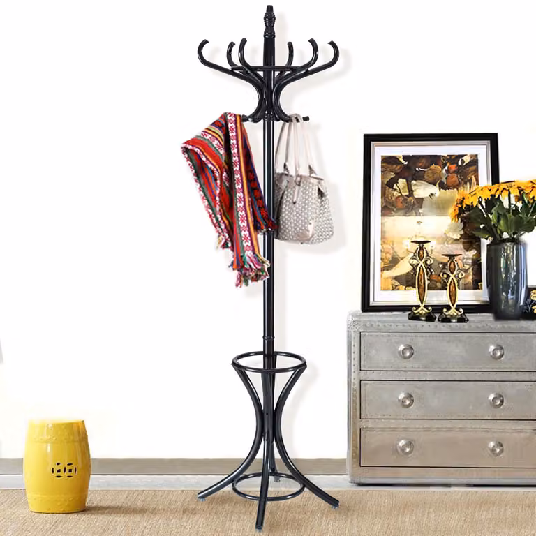 Appendiabiti da terra Costway in legno e metallo con portaombrelli e 12 ganci, base a treppiede, Nero, Altezza: 184 cm