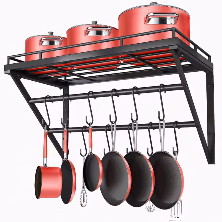 Portapentole da cucina - 60 cm - Nero - Montaggio a parete con 12 ganci