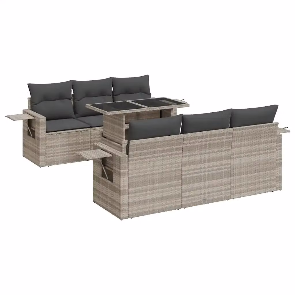 Set da giardino moderno vidaXL composto da 7 pezzi con cuscini grigi e tavolino in vetro con struttura in metallo e rattan – 2