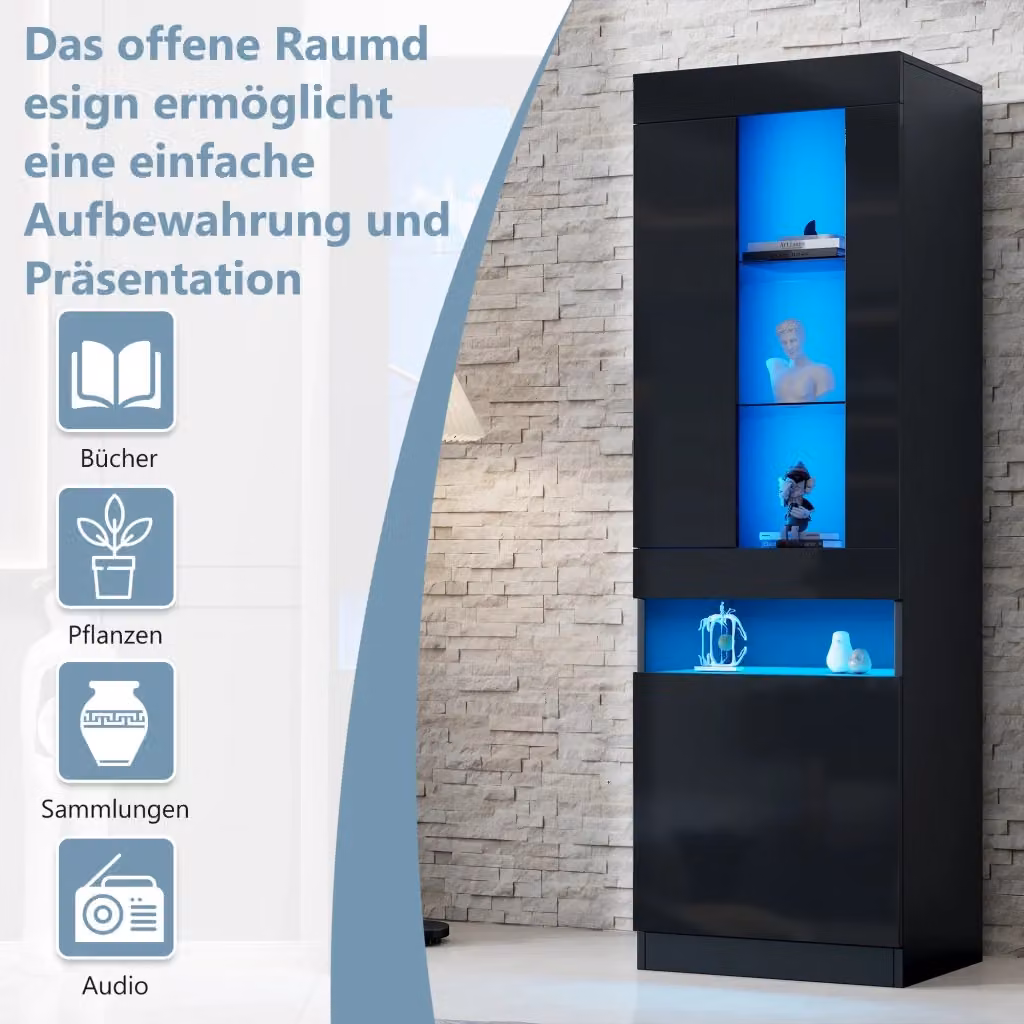 Vetrina moderna REDOM nera con ante in vetro e illuminazione integrata L/P/H: 50 x 40 x 180 cm – 2
